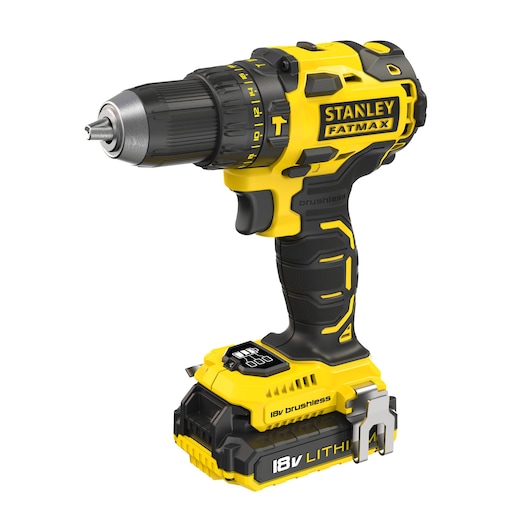 STANLEY FMCK463D2T cordless brushless drill 18V with lithium battery, yellow and black, right side angle.