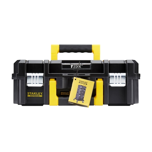 STANLEY FMCK463D2T photography of black and yellow tool box, front angle, with handle and metal latches.