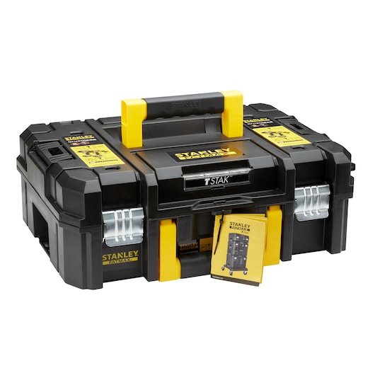 STANLEY FMCK463D2T toolbox, black and yellow, front angle, sturdy plastic case with handle and metal latches.