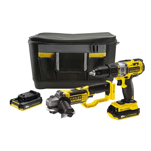 STANLEY FMCK464D2 power tool kit with 18V lithium drill, angle grinder, battery, charger, and black carry bag, front view.