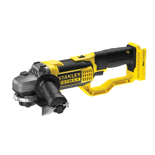 STANLEY FMCK464D2 cordless angle grinder, yellow and black, side angle, Fatmax series.