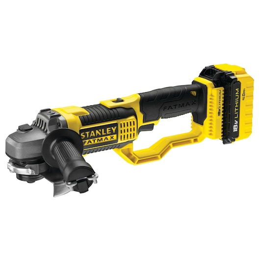 STANLEY FMCK464D2 cordless angle grinder, yellow and black, side view on white background.