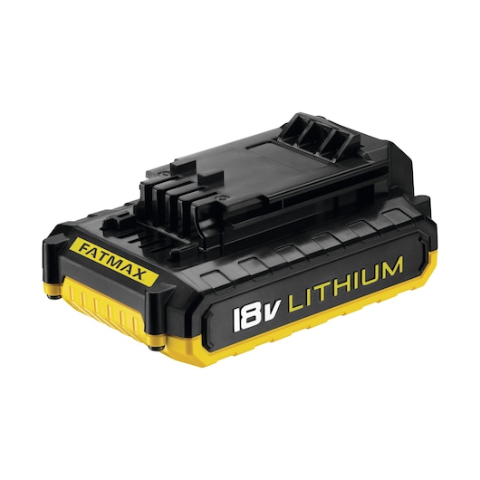 STANLEY FMCK464D2 black and yellow 18V lithium battery, angled side view on white background.