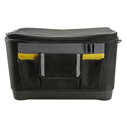 STANLEY FMCK464D2 tool bag front view, black with yellow and gray pockets, zippered top.