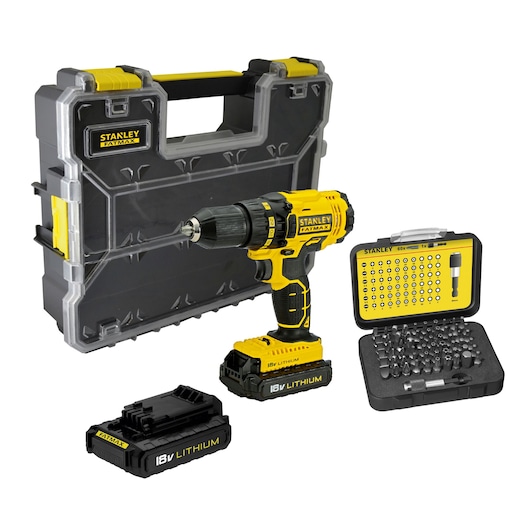STANLEY FMCK601D2A cordless drill set with yellow and black drill, two 18V lithium batteries, case, and accessory kit.