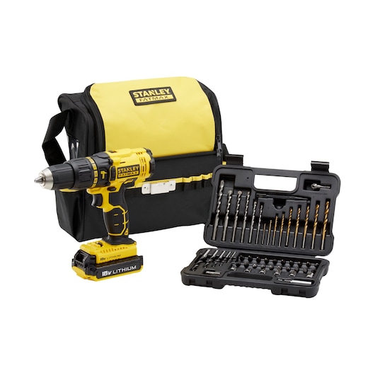 STANLEY FMCK626D2SA cordless drill set with yellow-black carry bag and accessory case, front angle.
