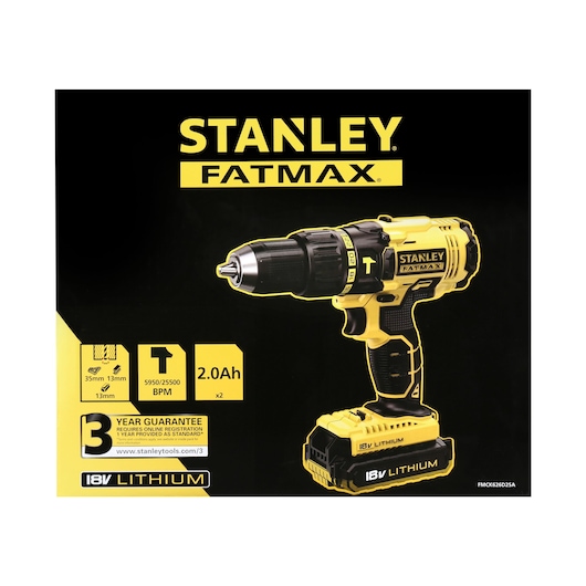 STANLEY FMCK626D2SA cordless drill, yellow and black, right side angle, 18V lithium battery.