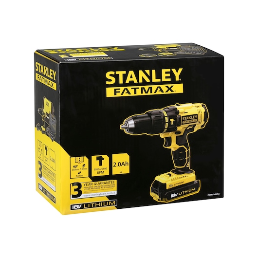 Stanley FMCK626D2SA drill kit box, Fatmax series, 18V lithium cordless, front angle on white background.
