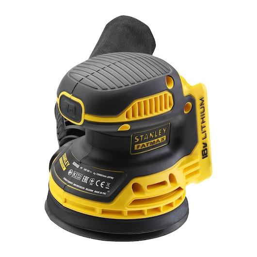STANLEY FMCW220B cordless random orbital sander, black and yellow, side angle, with dust bag attached.