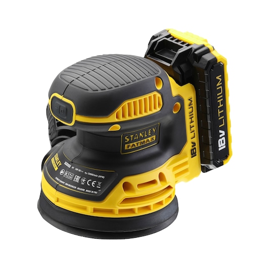 STANLEY FMCW220D1 cordless random orbital sander, black and yellow, 18V lithium battery, studio angle.