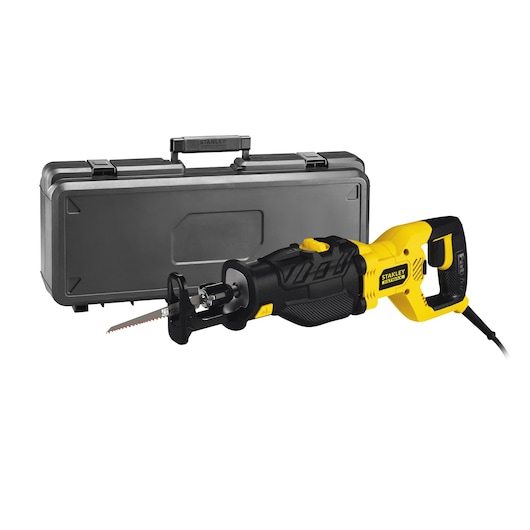 STANLEY FME365K reciprocating saw with yellow and black body, shown with hard carrying case, side angle.