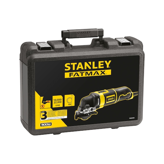STANLEY FATMAX FME650K black carrying case with product image and features for oscillating multi-tool, front angle.