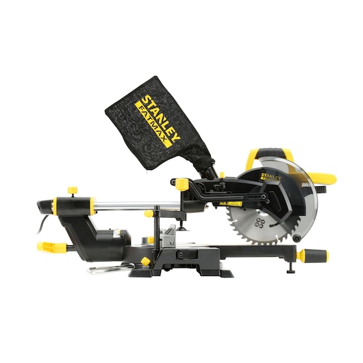 STANLEY FME721 mitre saw side view with yellow and black design, dust bag, and blade guard.