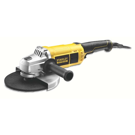 STANLEY FME841 angle grinder with yellow and black body, side handle, product on white background, front-right view.