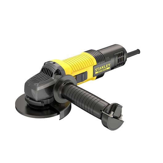 Photo of STANLEY FMEG220KA angle grinder, black and yellow, side angle on white background.