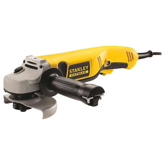 Photo of STANLEY FMEG222K angle grinder, yellow and black, side view on white background, ergonomic handle.