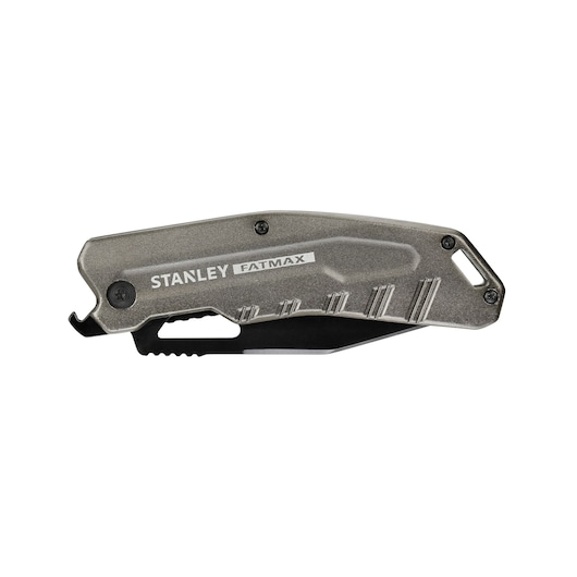 STANLEY FMHT0-10312 folding utility knife, gray metal, side view on white background.