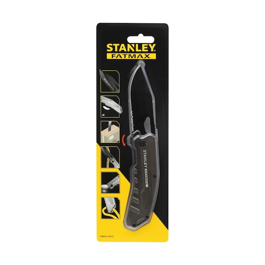 STANLEY FMHT0-10312 folding utility knife in black blister packaging, front angle, FATMAX series.