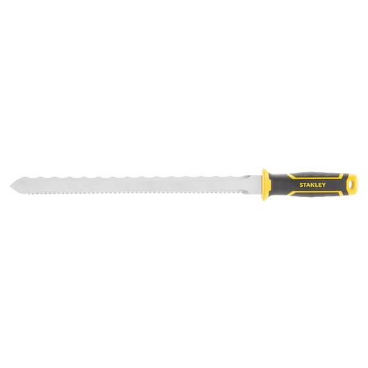 STANLEY FMHT0-10327 hand saw with serrated stainless steel blade and black-yellow handle, side view.