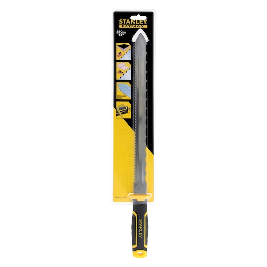 STANLEY FMHT0-10327 FatMax stainless steel saw in packaging, front angle, black and yellow handle.