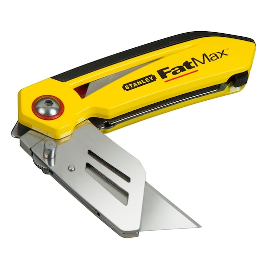Photo of STANLEY FMHT0-10827 folding utility knife with yellow handle, silver blade, side angle on white background.