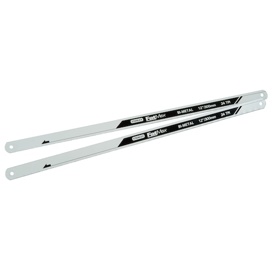 STANLEY FMHT0-20195 bi-metal hacksaw blades, 12 inch, 24 TPI, side angle on white background.