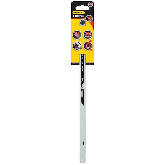 STANLEY FMHT0-20195 FatMax 12-inch bi-metal hacksaw blade, 24 TPI, front view, packaging shown.