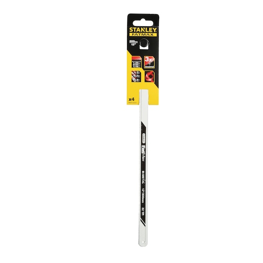 Photo of STANLEY FMHT0-20232 FATMAX 12 inch hacksaw blade, black and silver, in retail packaging, front view.