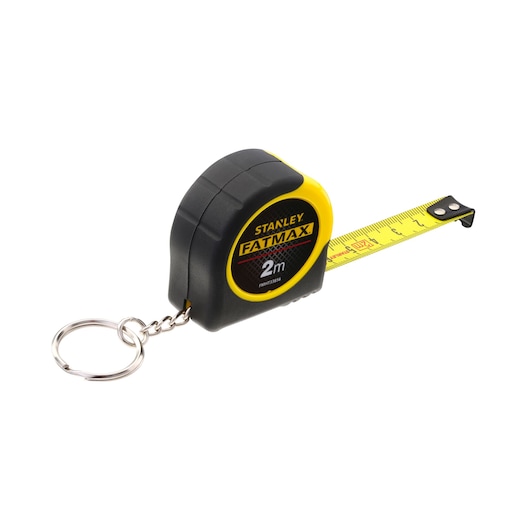 STANLEY FMHT0-33856 mini keychain tape measure, 2m, black and yellow, side angle on white background.