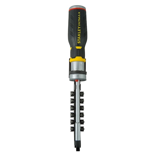 STANLEY FMHT0-62689 ratcheting screwdriver with black and yellow handle, shown with multiple bits, front angle.