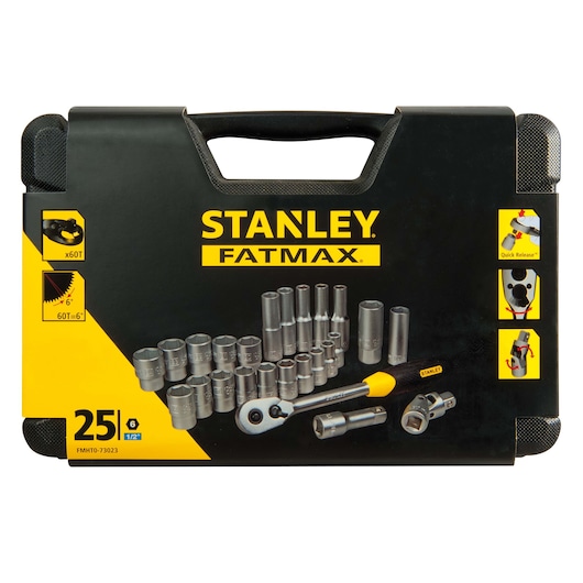STANLEY FMHT0-73023 socket set case front angle, showing tools and FATMAX branding.