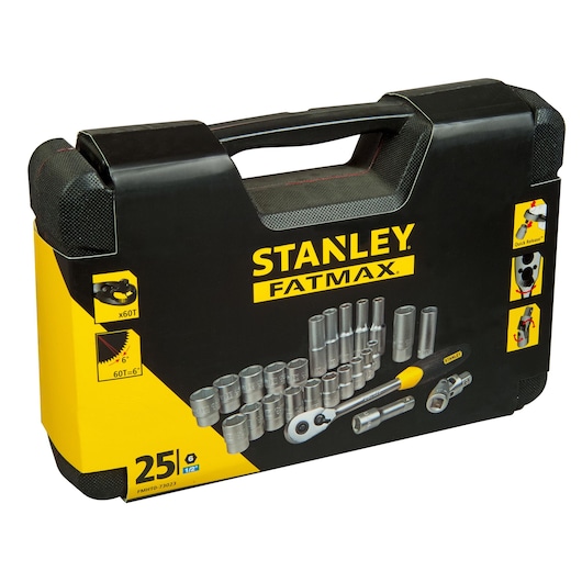 STANLEY FMHT0-73023 socket set in black hard case, 25 pieces, front angle showing tools and packaging details.