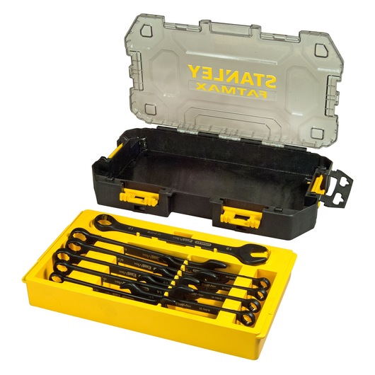 STANLEY FATMAX wrench set in a yellow and black plastic case with transparent lid, displayed open.
