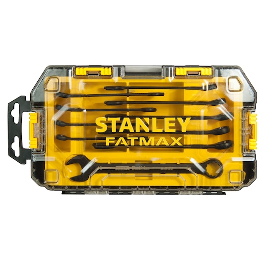 STANLEY FMHT0-74717 wrench set in yellow transparent case, front view, FATMAX branding visible.