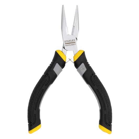 Stanley long nose pliers with black and yellow ergonomic handles, shown against a white background.