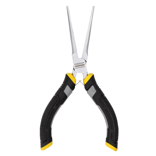 Stanley long nose pliers with black and yellow handles, tool for gripping and bending small objects.