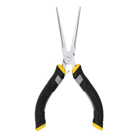 Stanley long nose pliers with black and yellow handles, used for gripping and bending wires.