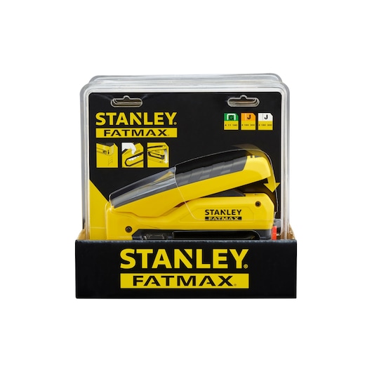 Photo of STANLEY FATMAX FMHT0-80551 stapler in yellow and black, side view in retail packaging.