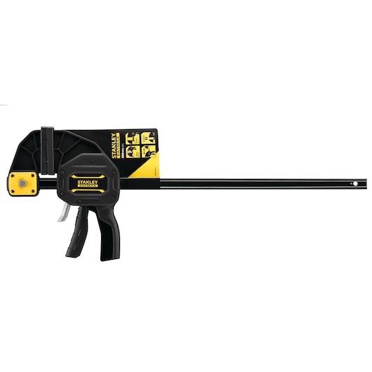 Photo of STANLEY FMHT0-83213 FATMAX trigger clamp, black and yellow, product side angle on white background.