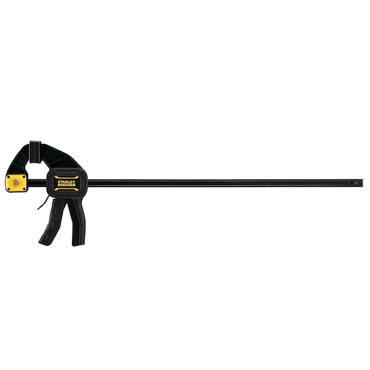 STANLEY FMHT0-83236 bar clamp, black and yellow, side view, with ergonomic trigger handle.
