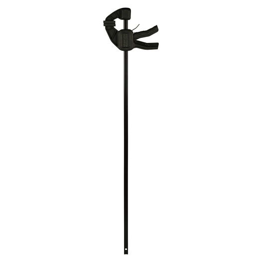 Black STANLEY clamp with trigger handle and long bar, used for securing or holding objects in place.