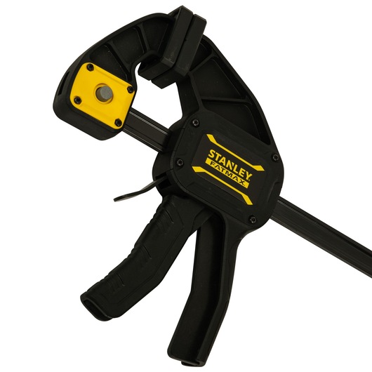 Photo of STANLEY FMHT0-83237 black and yellow trigger clamp, side angle on white background.