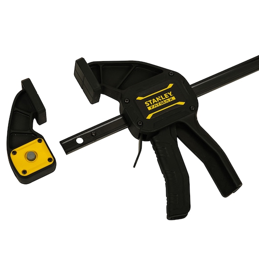 STANLEY FMHT0-83237 bar clamp with black and yellow accents, handle and separated jaw, product angle on white background.