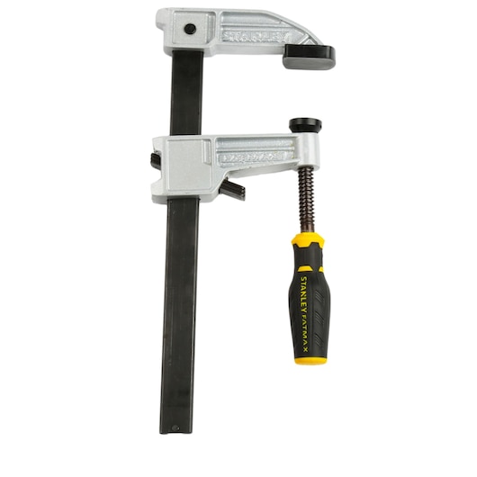 Photo of STANLEY FMHT0-83247 bar clamp with black and yellow ergonomic handle, front view on white background.