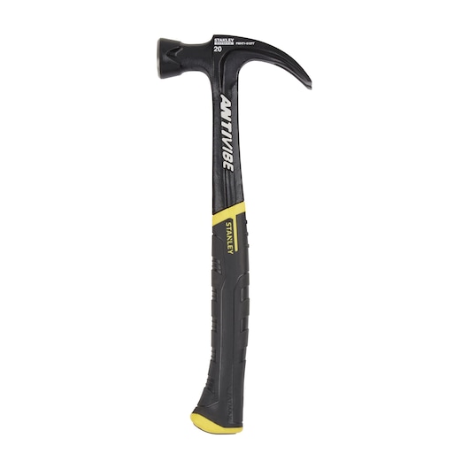 STANLEY FMHT1-51277 claw hammer, black and yellow, side angle, ANTIVIBE handle.