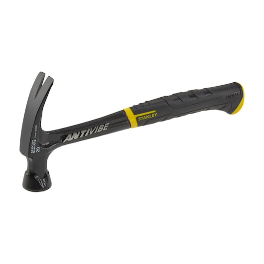 Photo of STANLEY FMHT1-51278 black and yellow claw hammer with ANTI VIBE marking, side view on white background.