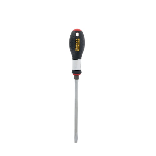 Stanley FMHT1-62620 flathead screwdriver with black and red ergonomic handle, front view on white background.