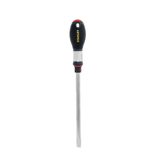 STANLEY FMHT1-62621 flathead screwdriver with black and red handle, product photography on white background.