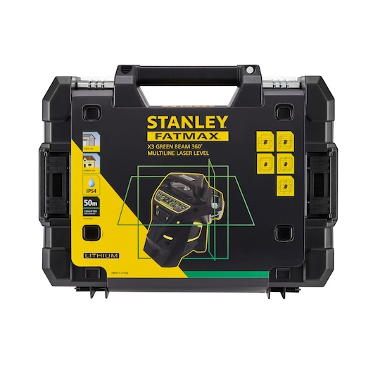 STANLEY FMHT1-77356 black hard case with yellow accents, showing X3 green beam 360° multiline laser level graphic, front view.