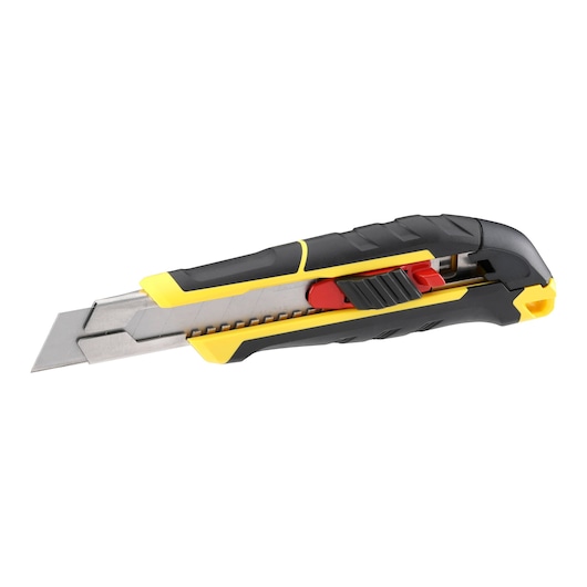 Stanley utility knife with retractable blade and black-yellow handle, shown on white background.